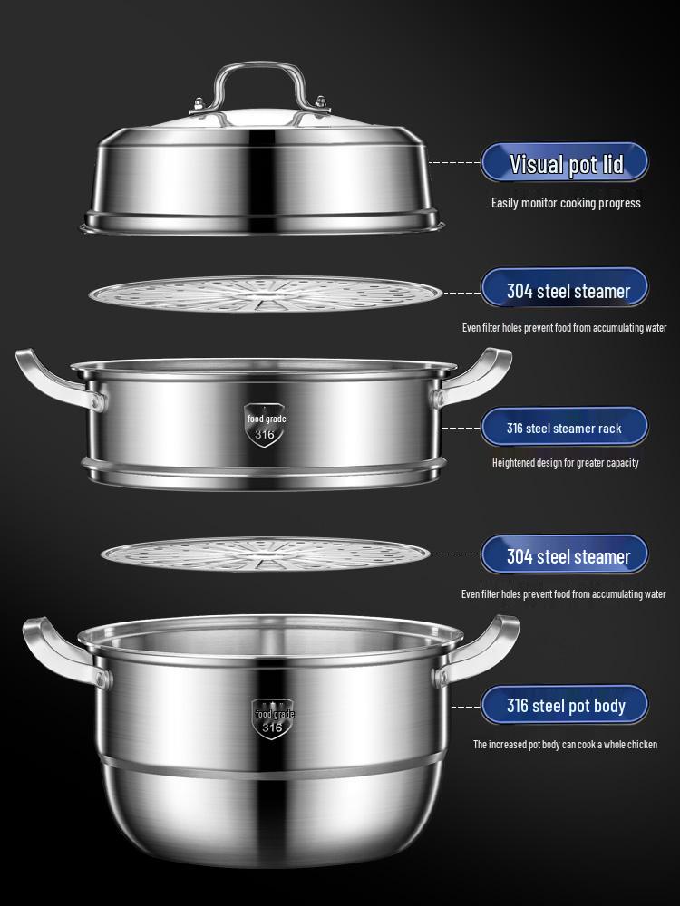 Tall and Thick 316 Stainless Steel Multi-Layer Steamer Pot with Integrated Molding and Food-Grade Steaming Basket