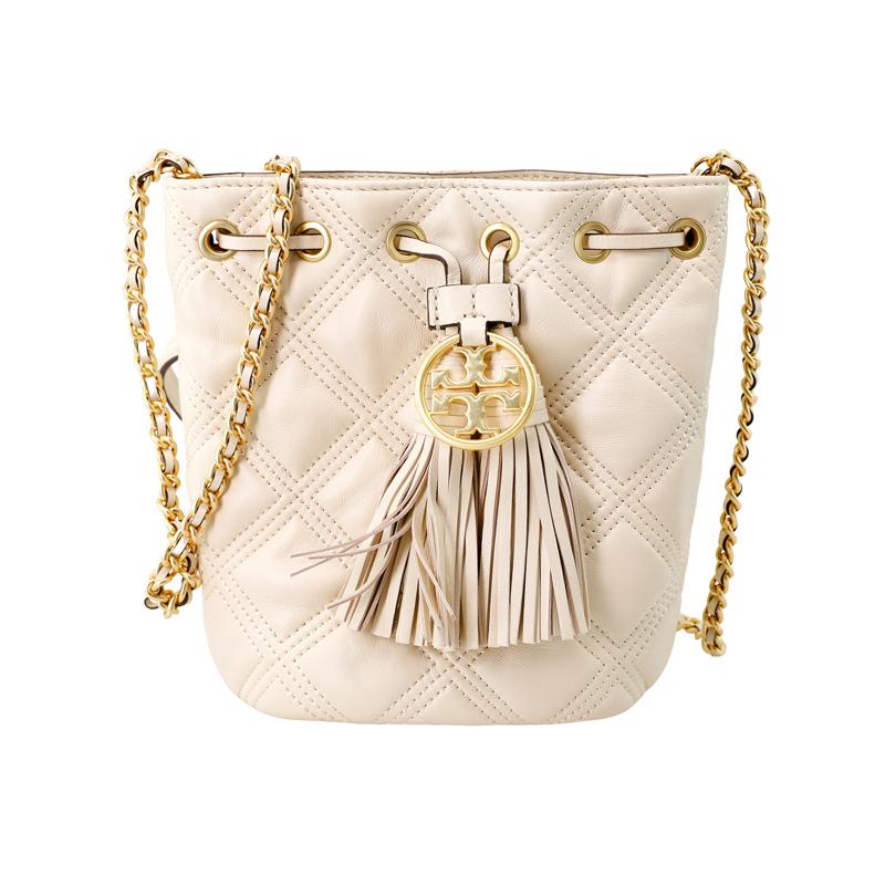 

Tory Burch TB Fleming Quilted Tassel Pendant Woven Chain Leather Bucket Bag Women Shoulder Bag White 74853-122 Basic Set (Bag+Dust Bag)