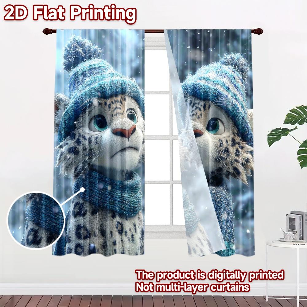 2D flat printing 2pcs Curtain Cute snow leopards winter hat scarf Digital Printed Polyester Drapes Family Party Decoration
