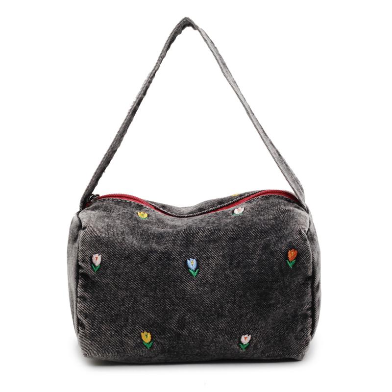 Denim Small Square Bag Flower Embroidery Lightweight Women's Shoulder Bag