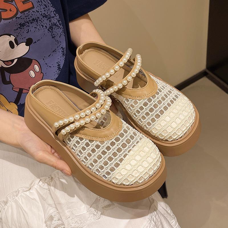 New mesh outer wear shoes summer one pedal lazy sandals Mary Jane shoes women's bag head half slippers thick sole