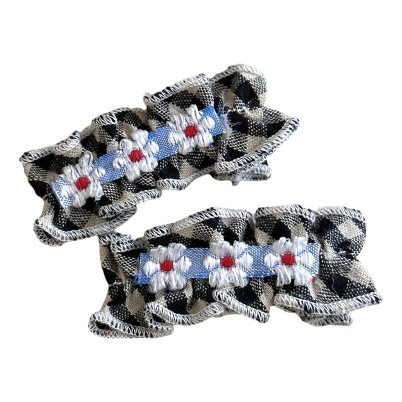 1pair Vintage Check Pattern Hairpin Flower Embroidery Fabric Kid Hair Clip for Children's Parties