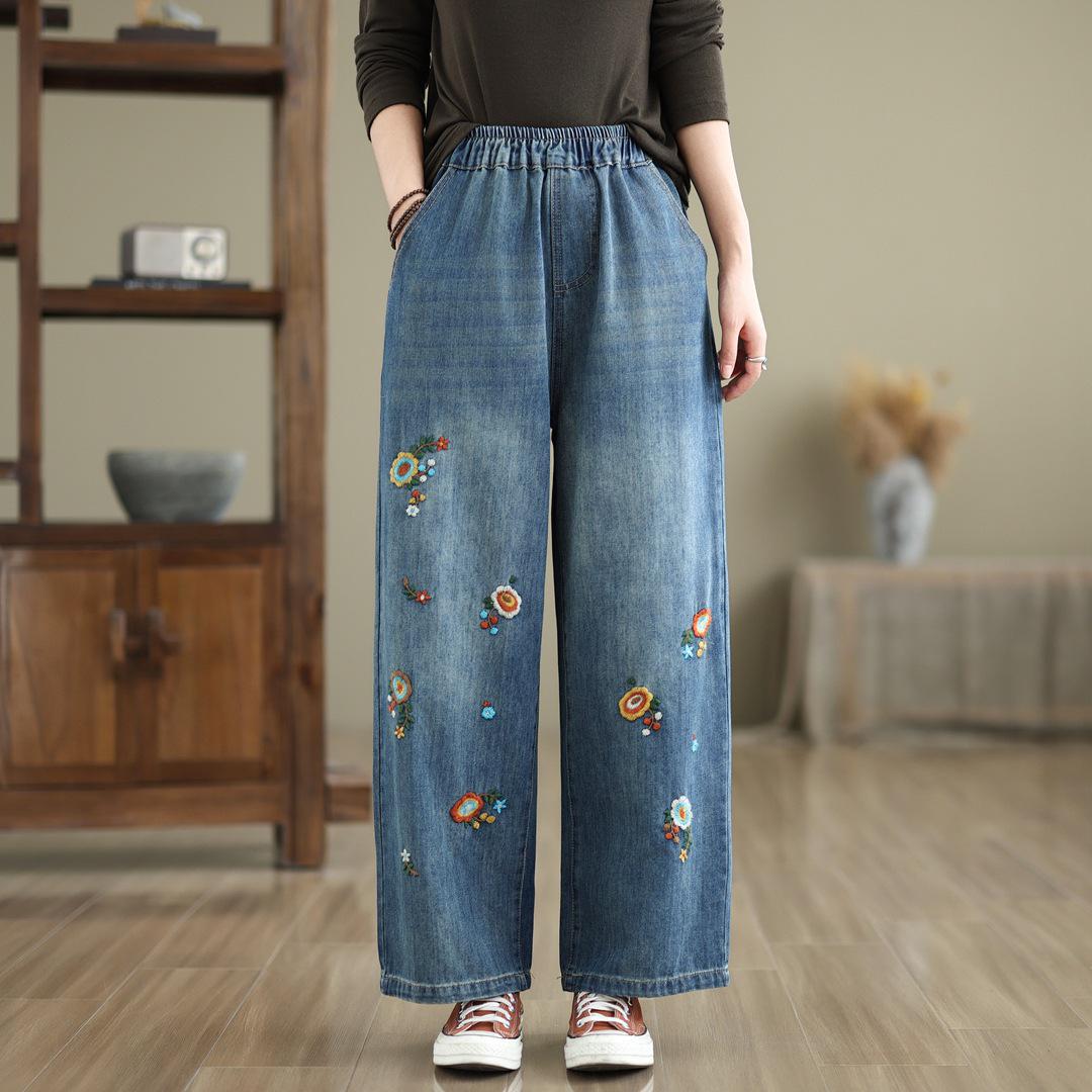 

Women s High Waist Embroidered Wide-Leg Jeans - Plus Size, Elastic Waist, Loose Fit for Spring & Autumn XL 78-82 kg