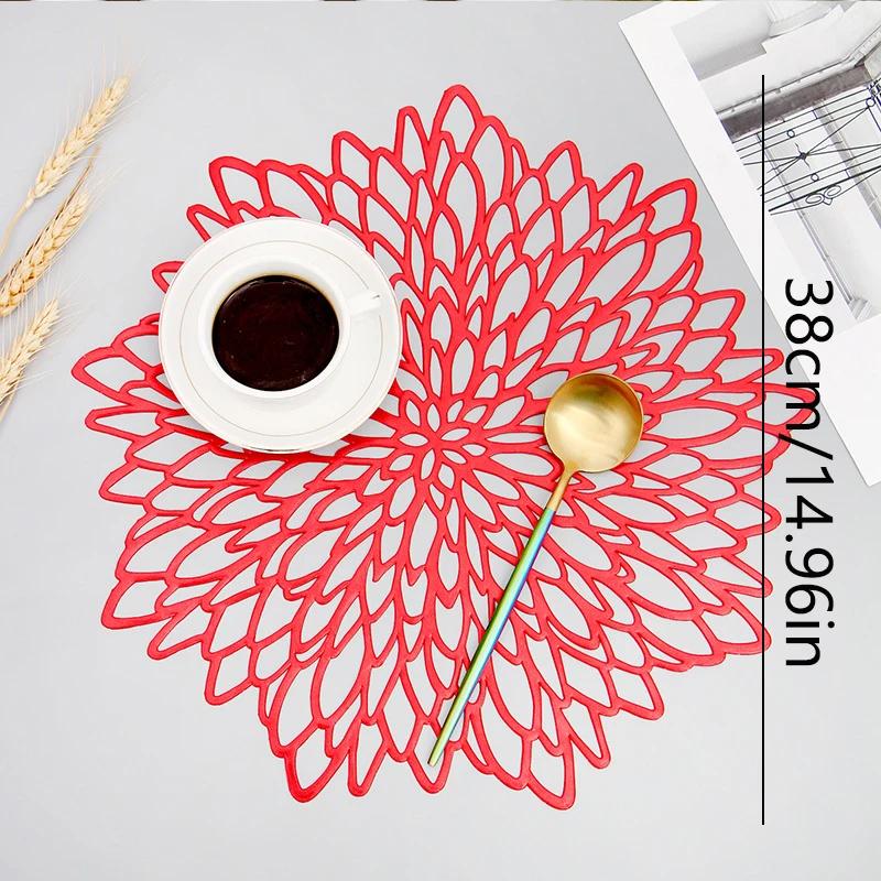 Hibiscus Flower Placemat for Dining Table Hollow Pad Coaster Pads Table Bowl Mats Gold Dining Table Mat Non-slip insulation 38cm&Flower