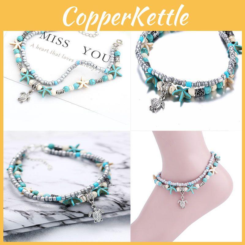 Retro Blue Shell Anklet With Turtle Design For Beach Vacation And Resort