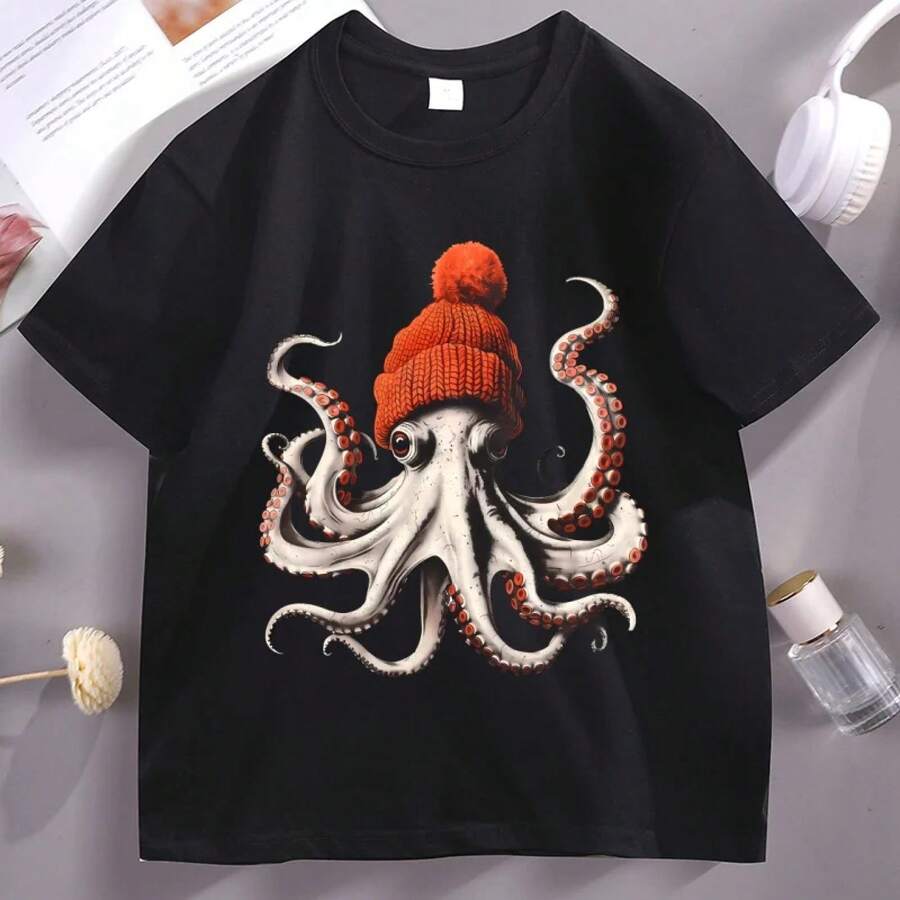 Funny Octopus Wearing Beanie Retro TShirt Unisex Funny T Shirt 90s Graphic Tee Cotton Short Sleeve Male Tees Y2k Clothing L