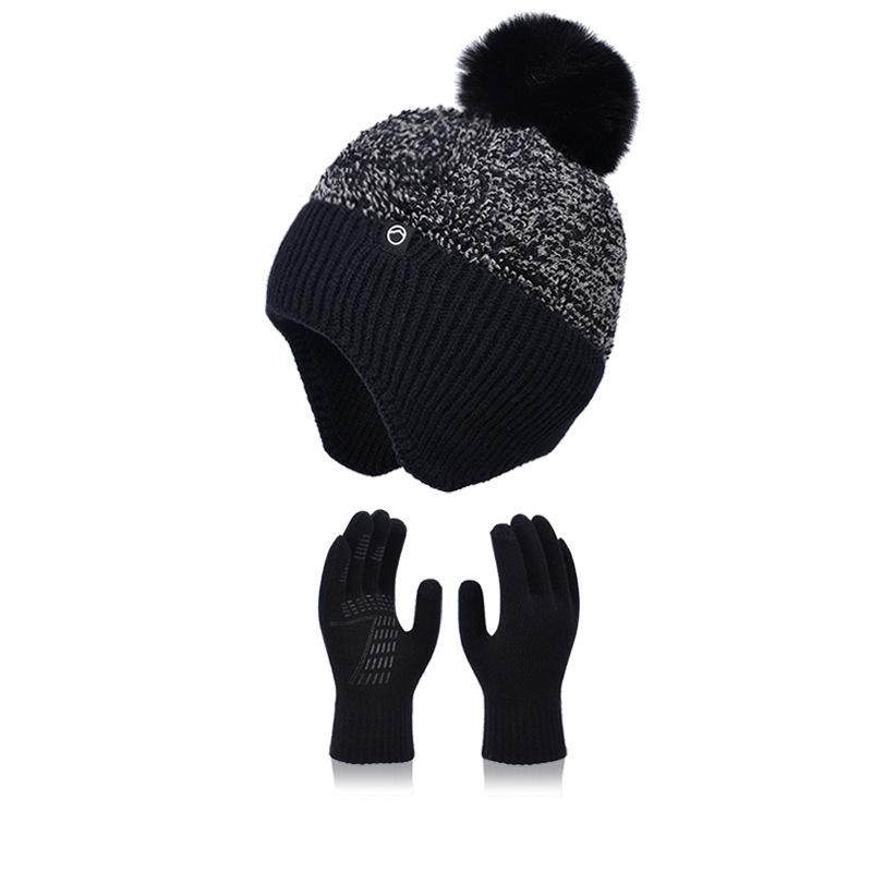 Winter plush ball, ear protection, pullover hat, touch screen gloves, hat, warm two-piece set, plush knitted wool hat, women