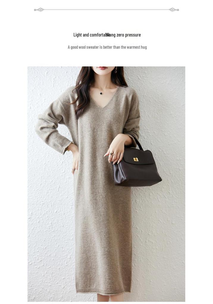 Women's V-Neck Pure Wool Knit Sweater Dress - Mid-Length, Loose Fit for Autumn & Winter