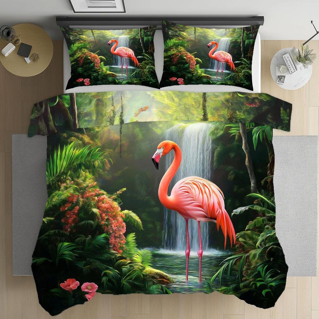Flamingo Tropical Bedding Sets, Palm flower plant Duvet Cover Microfiber, Leaf Plant Duvet Covers With Zipper and Pillow Covers