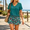 Women Two Piece Set V Neck Short Sleeve Top and Elastic Waist Drawstring Shorts Casual Lounge Wear Summer Pajama Set