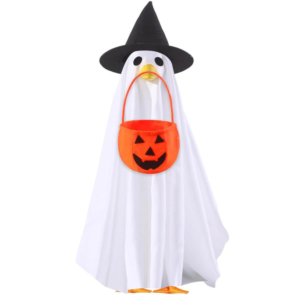 Halloween Porch Goose Ghost Costume with Pumpkin Bucket Accessory Lightweight Fabric and Adjustable Fit for Outdoor Decoration and Festive Display
