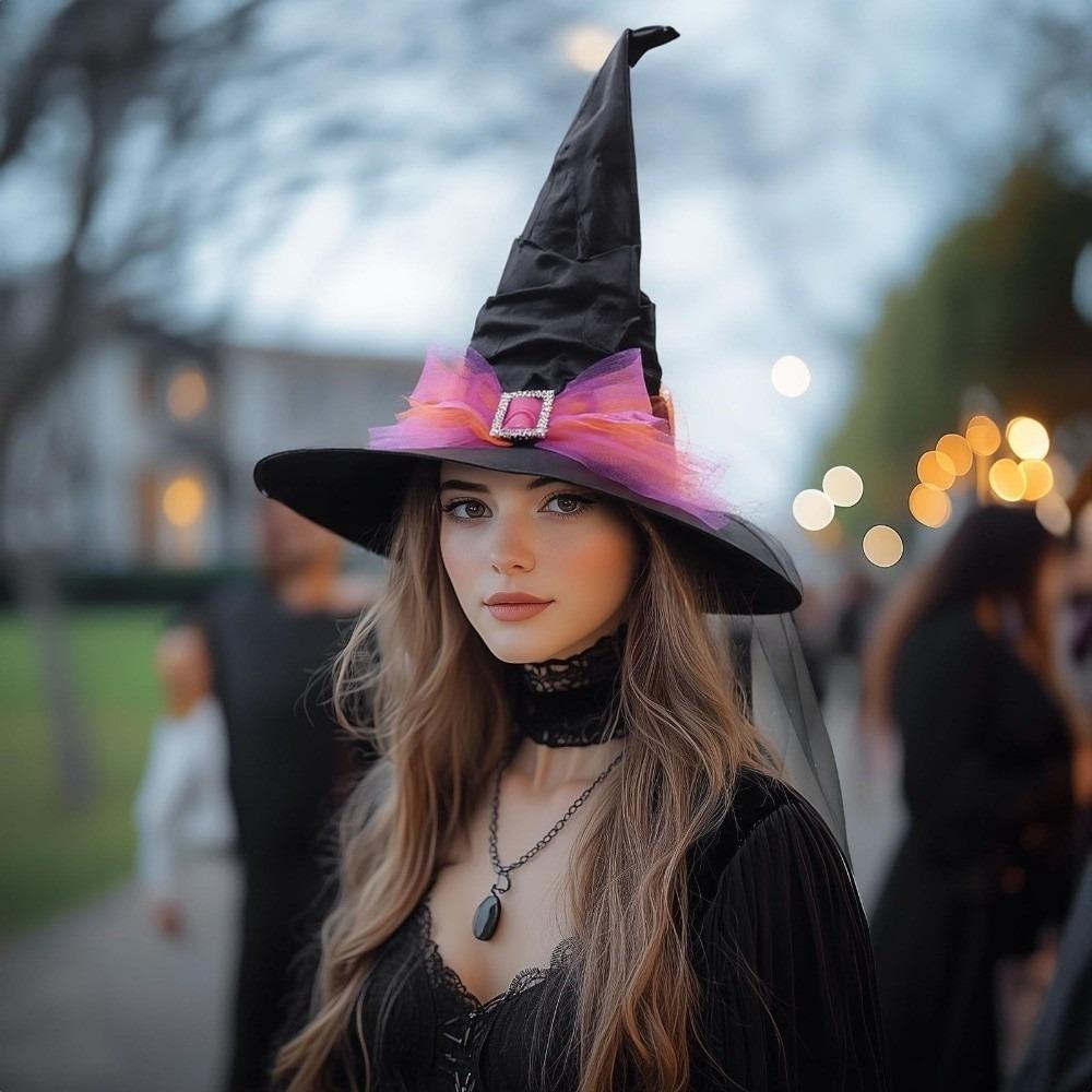 Folds Halloween Witch Hat Baroque Wizard Cap Cool Mesh Bow Witch Hat  Party