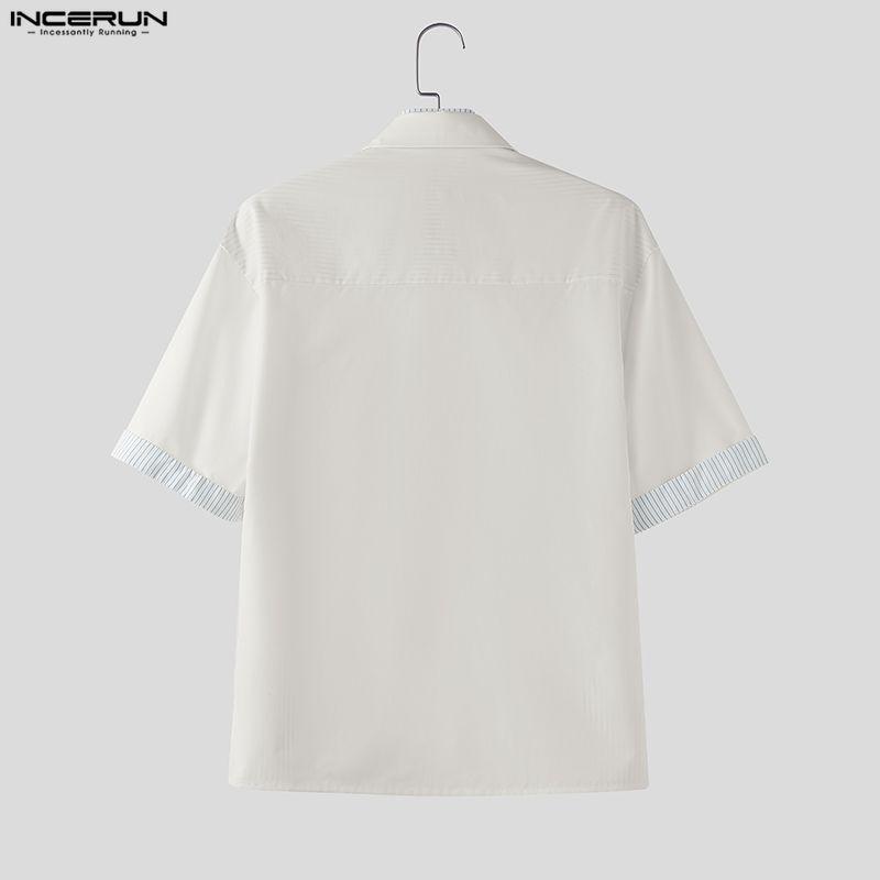 INCERUN Men Lapel Neck Short Sleeve Striped Print Oversized Shirts Tops