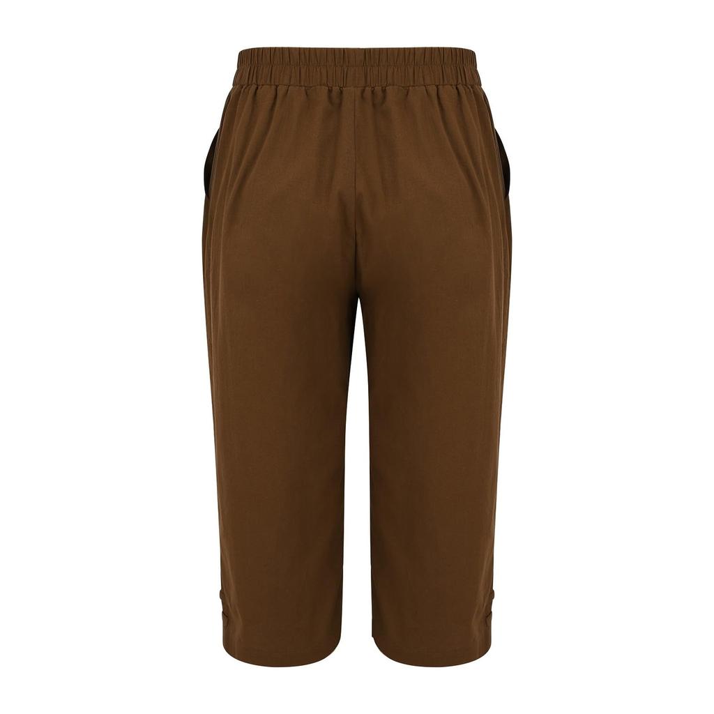 Women's Fashion Color Loose Pocket Elastic Waist Cotton Linen Casual Five Pants