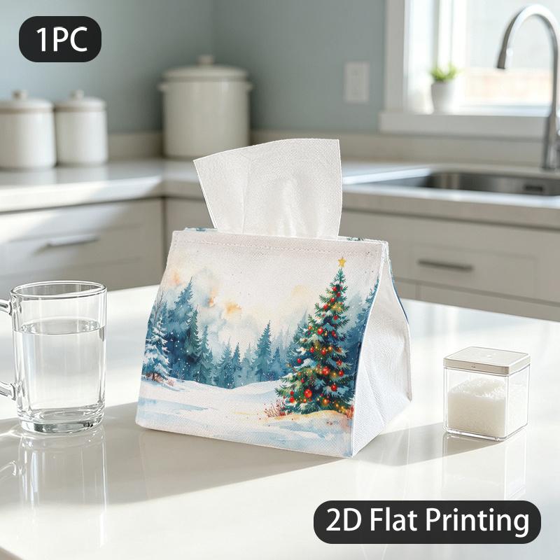1pc Tissue Box, Watercolor Christmas Tree Snowy Warm Festive Pattern, 2D Flat Printing, Made from Tough Polyester, Machine Washable, Tissue Dispenser,