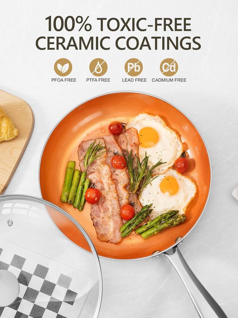 LMETJMA 8 10 12inch Copper Non Stick Frying Pan With Lid Scratch Resistant Ceramic Coating Skillet Egg Pan Cooking Omelet Pan