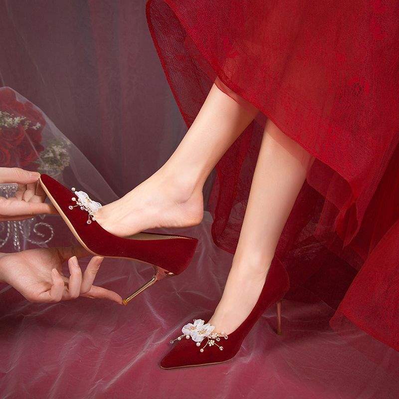 2025 new red wedding shoes women's show clothes two wear stiletto bride shoes pregnant women toast Chinese dress shoes