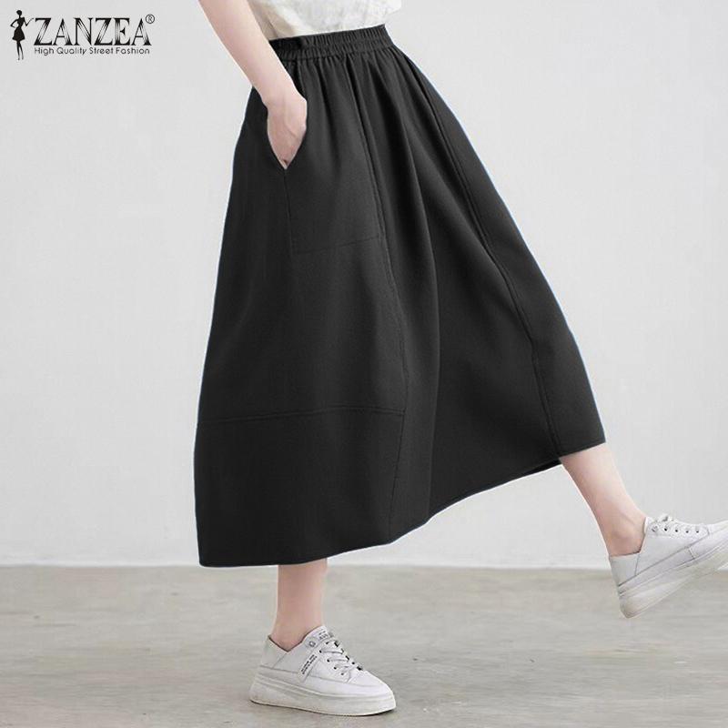 ZANZEA Womens Summer Casual Elastic Waist Solid Color Loose Skirts