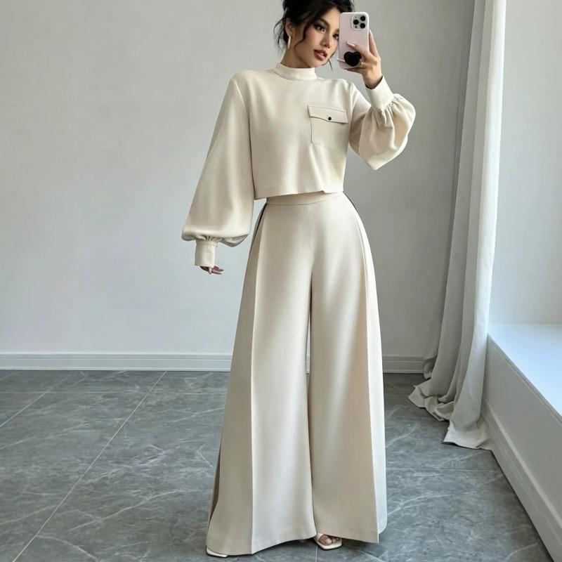 Spring and Autumn Solid Color Wide Leg Pants Set, Women's Loose Long Sleeve Short Top, Two Piece Set, Fashionable and Casual