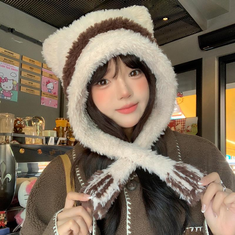 Bear Ears Plush Cute Hat Women's Autumn and Winter Thickened Warm Knitted Hat Cycling Coldproof Ear Protection Lei Feng Hat Trendy