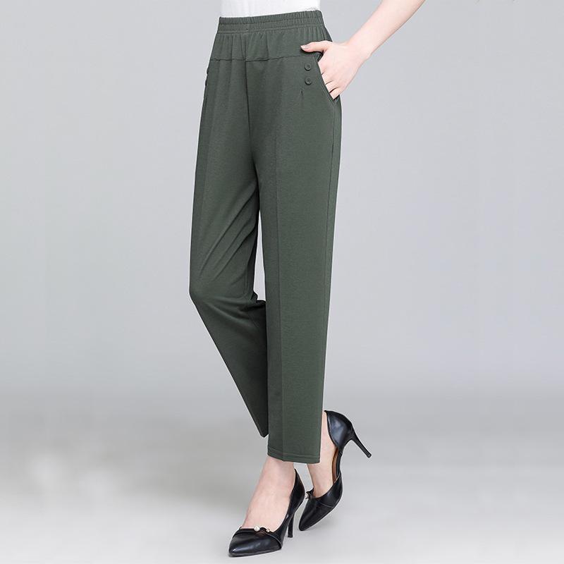 Summer Thin Breathable Elastic Pants Women's Solid Color High Waisted Loose Casual Pants Middle-aged Elastic Straight Leg