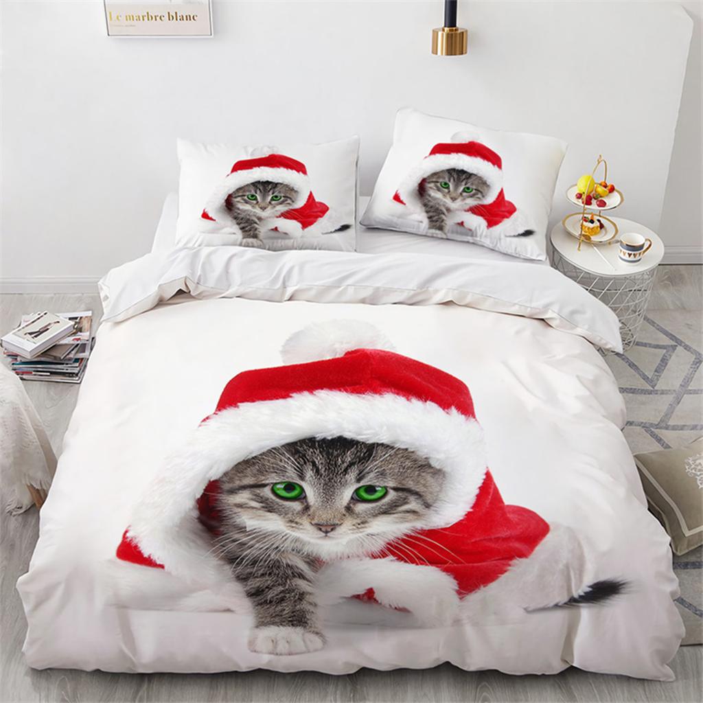Christmas Cat Duvet Cover Merry Christmas Microfiber Cartoon Animal Santa Claus for Women Children Teen Gift Bedroom Decorations