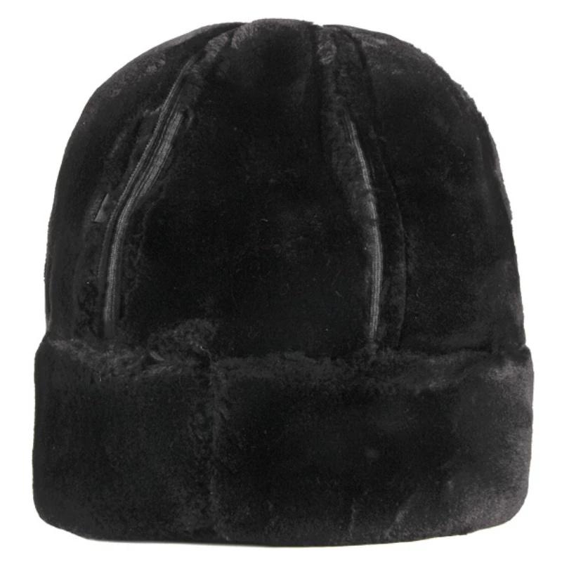 Dicke warme Wintermütze für Herren, schwarzes Fell, Leder, russische Mütze, männlich, winddicht, für Schnee, Ski, russische Mütze, mit Fleece gefüttert, Papa-Mütze