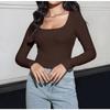 Womens Square Neck Ribbed Knit Long Sleeve Crop Top Casual Solid Color Fitted Blouse