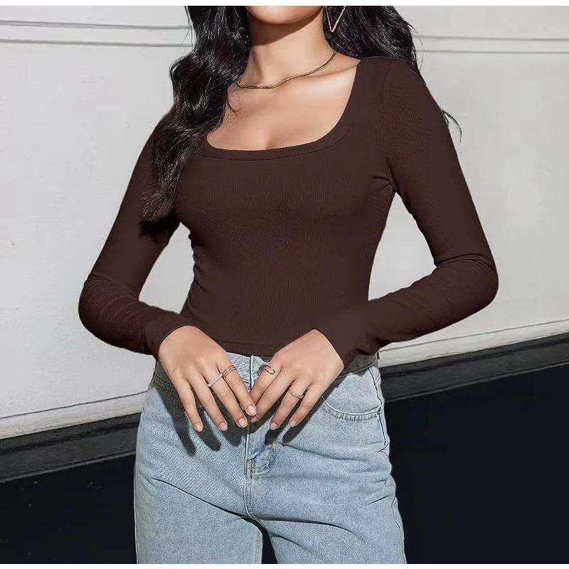 Womens Square Neck Ribbed Knit Long Sleeve Crop Top Casual Solid Color Fitted Blouse