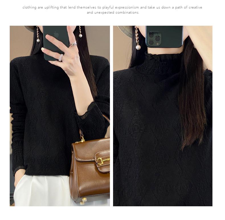 Women's Chiffon Knit Lace Long Sleeve Top with Half High Collar