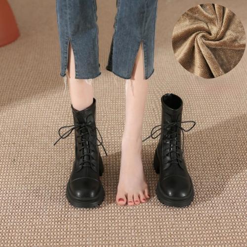 Women's High Heel Lace-Up Ankle Boots Thick Platform Chunky Heel Rear Zipper Long Boots White