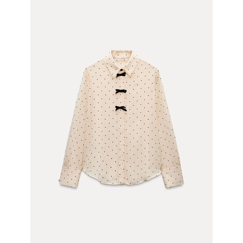 Za2025 Spring New Women's Clothing Dot Bowknot Decoration Temperament Long Sleeve Lapel Casual Shirt 2136623