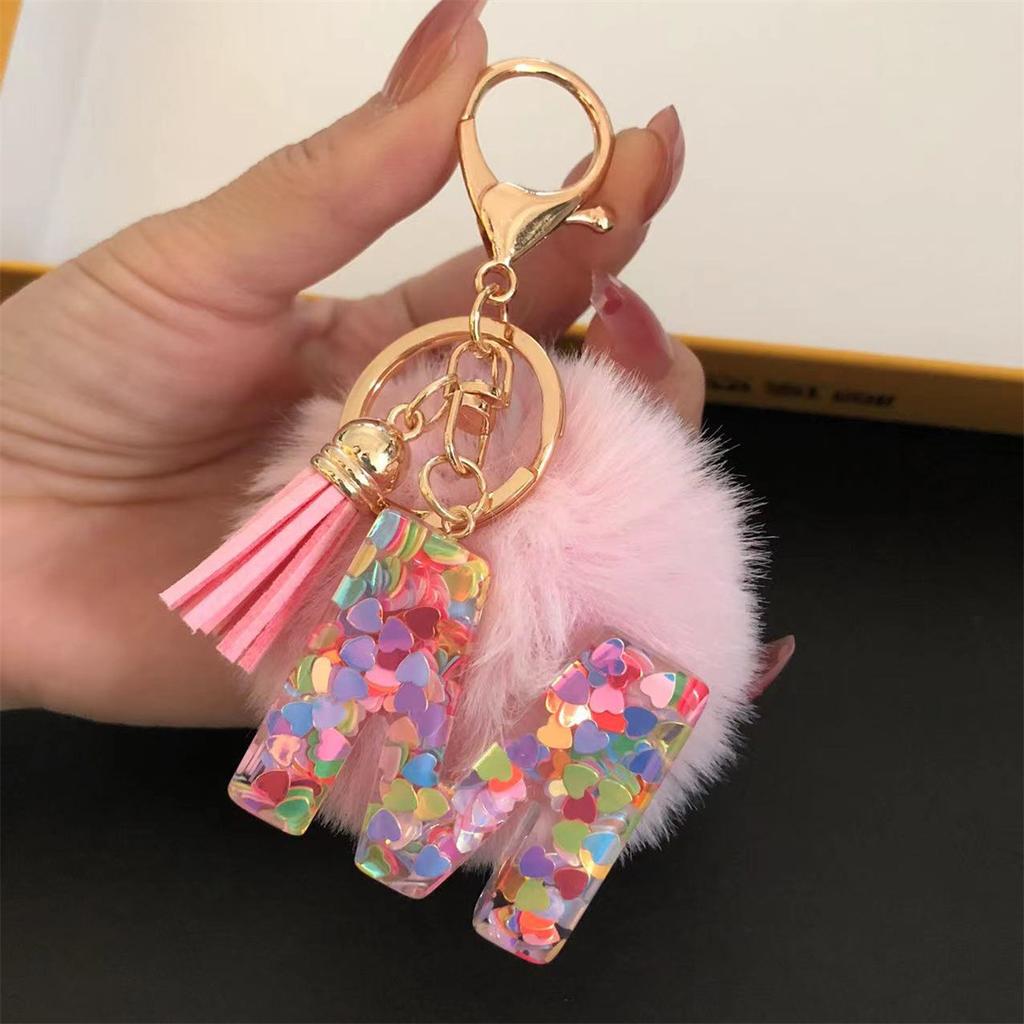 Trend Acrylic Pink Pompom Glitter 26 Initials Letter Keychain With Fluffy Resin Alphabet Charms Key Pendant Party Gift