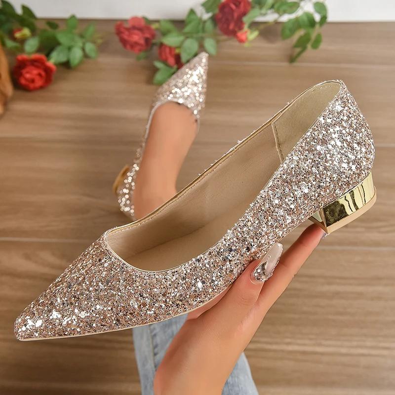 Fashion Gold Low Heels Pumps Women Spring Shiny Sequins Pointed Toe Party Shoes Woman Plus Size Simple Thick Heeled Bride Shoes