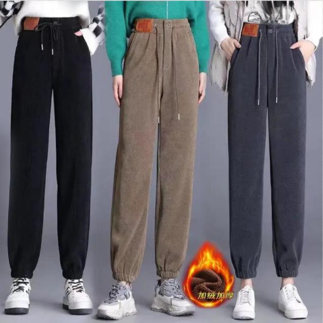 Casual sports sweatpants women's autumn and winter fleece thickened leggings high-waisted drawstring straight-leg pants for men and women
