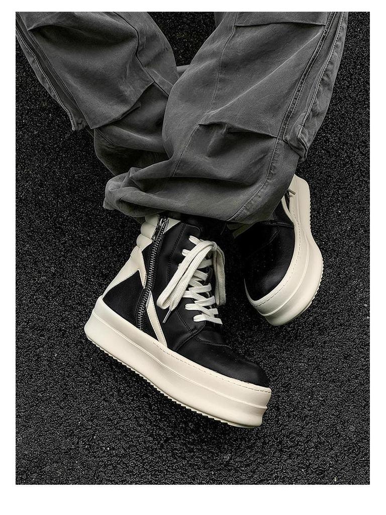 2024 Genuine Leather European & American Trendy Men's High-Top Black & White Thick-Soled Short Boots with Inverted Triangle Design