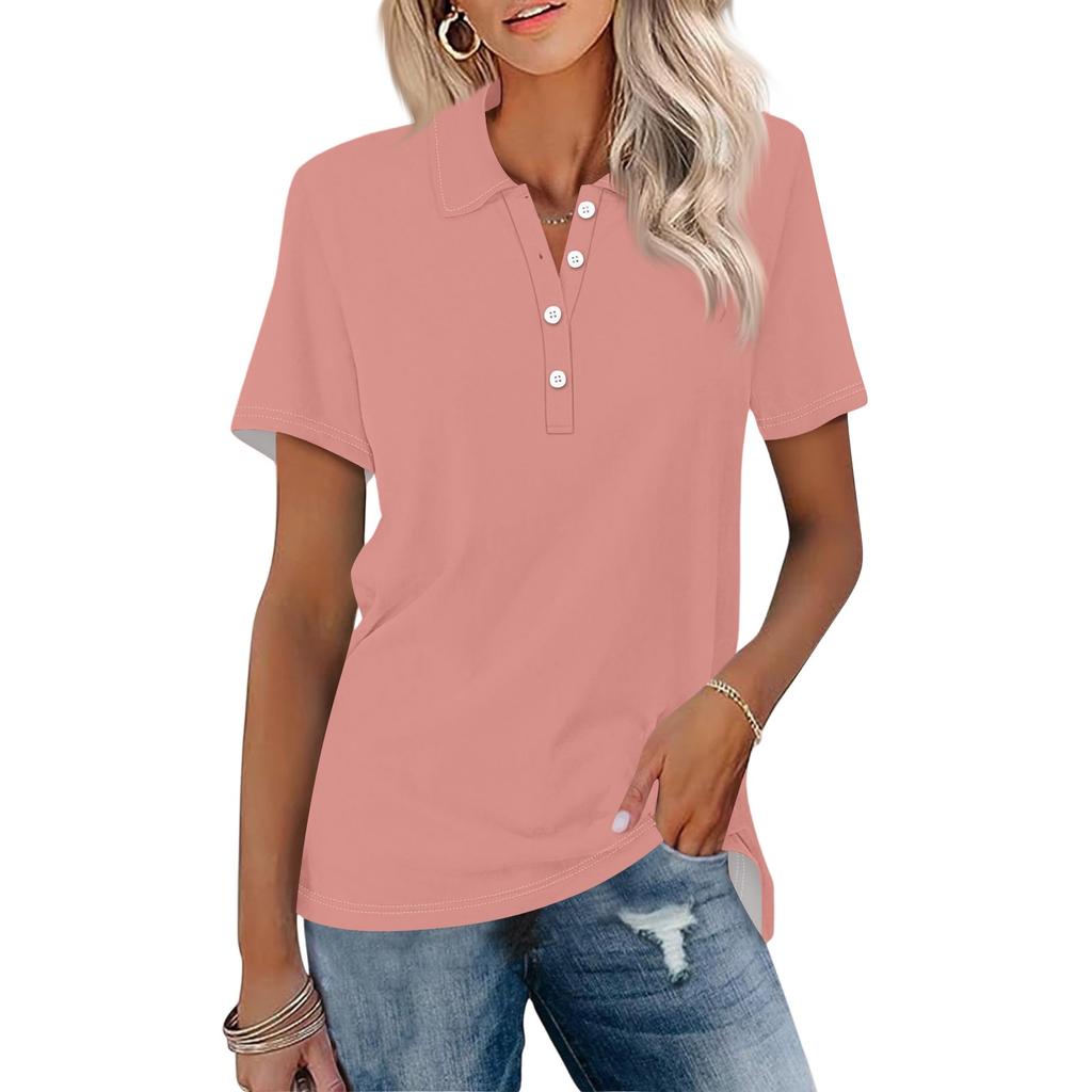 Women's Fashion Lapel Short Sleeve Solid Color Printed Button Top