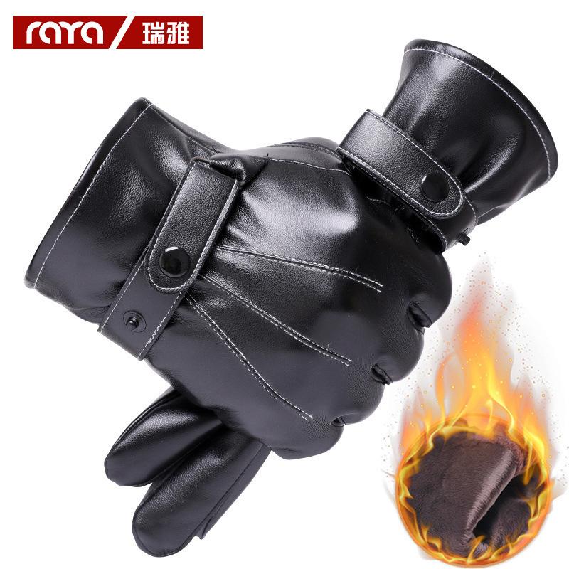 YHI Leather Gloves Men's Winter Velvet Thickened Warm Waterproof and Non-slip Winter Riding Motorcycle Gloves