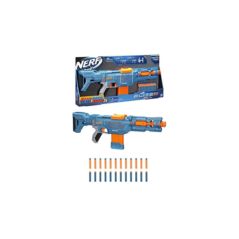 Hasbro Nerf Elite 2.0 Echo CS-10 Manual Blaster, Rapid Fire, Ages 8+, Includes 24 Official Darts + 10 Darts Clip, Detachable Stock & Barrel, Outdoor