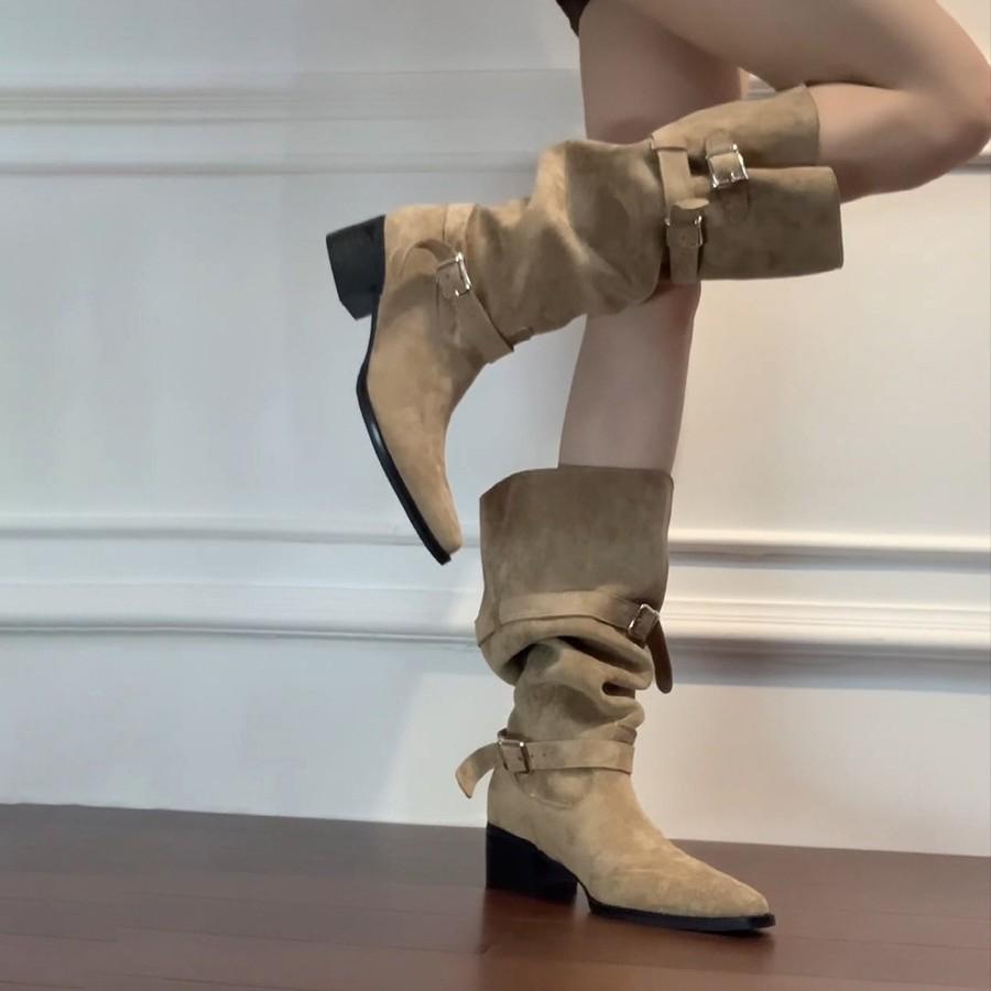 Cowhide Version~ Thick Heel Leather Retro Long Boots Women's Belt Buckle Pleated Stacking Boots Tall Western Cowboy Boots