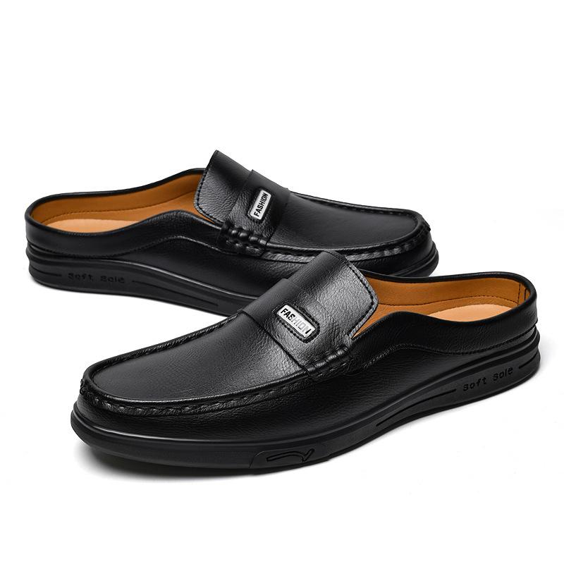 Versatile fashion casual work shoes trendy men's shoes half slippers men's low rubber wear-resistant non-slip sole leather shoes