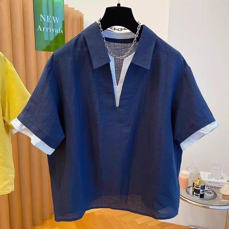 Women's Plus Size Polo Neck Short Sleeve Shirt Fake Two Piece Contrast Color Loose Slim Casual Summer Top For 80-300 Lbs