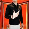Men's Long Sleeve Polo Shirt Gold Print Fleece Lined Warm Casual Button Collar Fashion Top