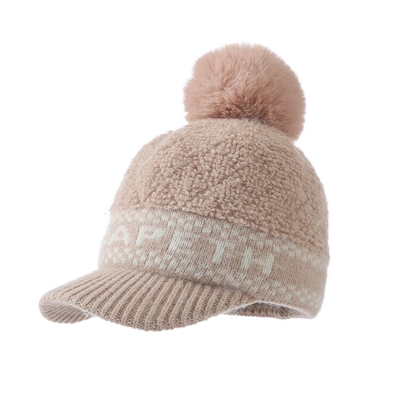 Korean Version of Autumn and Winter Hat for Women's Knitted Hat Cute Versatile Wool Ball Cap Thickened Cold Proof and Warm Duck Tongue Wool Cap