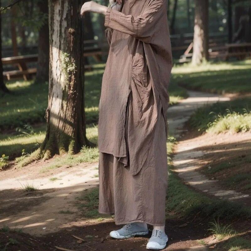 Johnature Dámské vintage rovné kalhoty kávové knoflíková léga jarní kalhoty volné ležérní měkké dámské dlouhé kalhoty