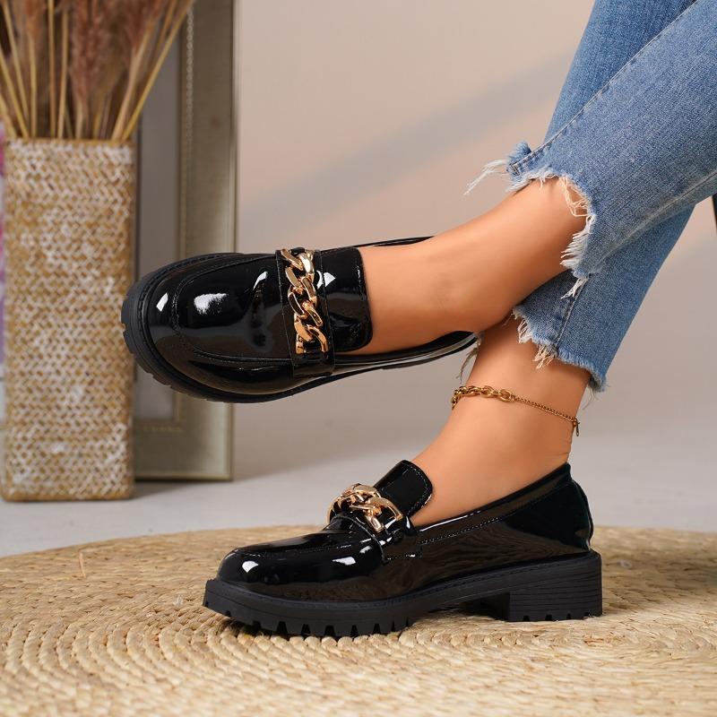 New Female Shoes Women Fashion Mary Janes Round Toe Flats Loafers Oxfords Platform Casual Metal Chain Buckle Ladies Heels Black
