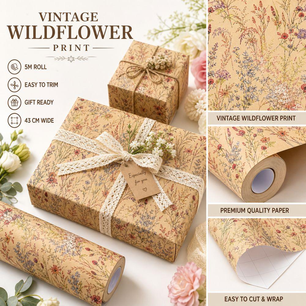 Vintage Wildflower Wrapping Paper Rustic Style Botanical Wrapping Paper Present Wrapping