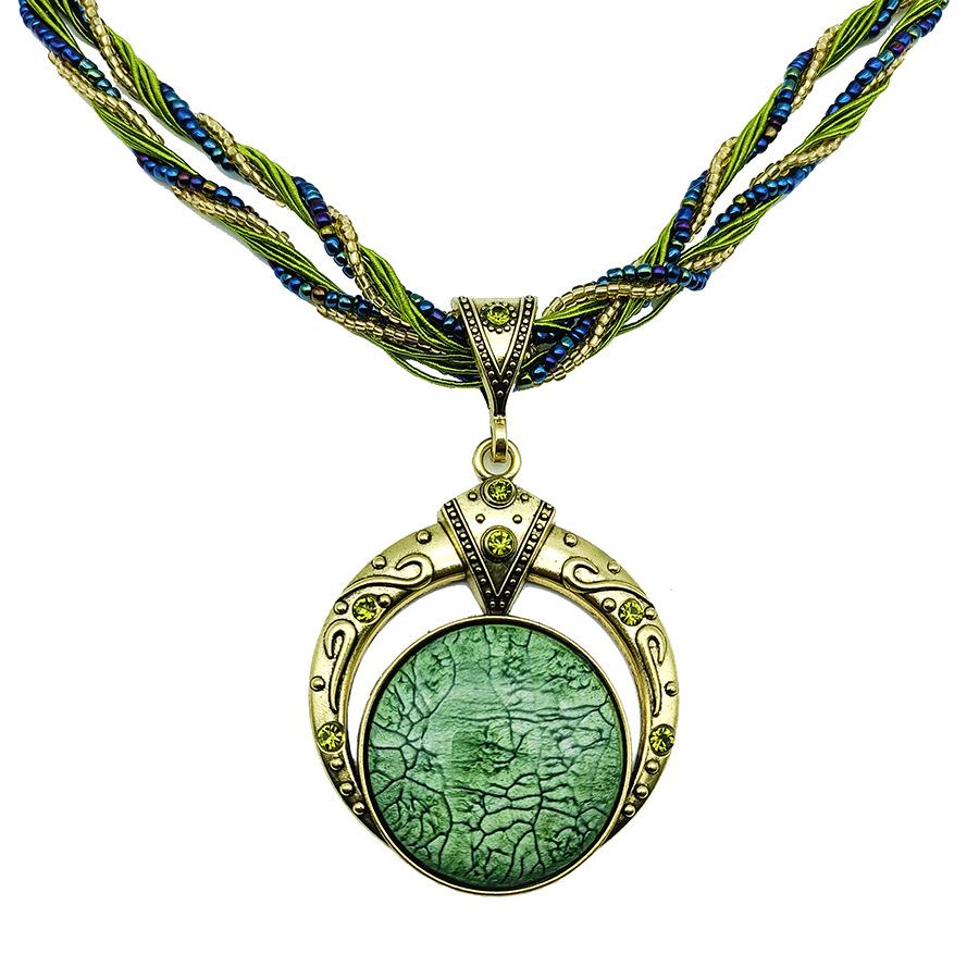 Богемная имитация круглого драгоценного камня ожерелье преувеличенное ретро ручной работы бисерная цепочка для свитера N215 зелёный