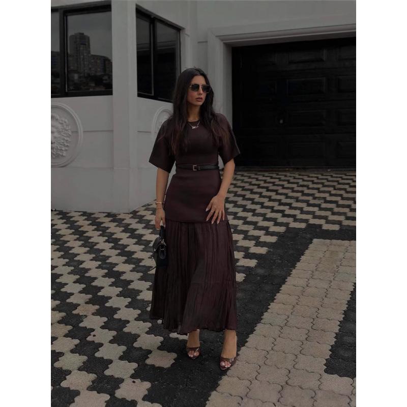 Dámské šaty ze síťoviny s patchworkem, s polovičním rukávem, módní, s kulatým výstřihem, plisované, slim fit, letní šaty pro úřad/na ulici, bez pásku