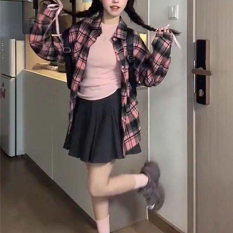 American Style Fashion Sping Autumn New Shirts Coats Women Lapel Plaid Single Breasted Youth Casual Long Sleeve Cardigan Jackets